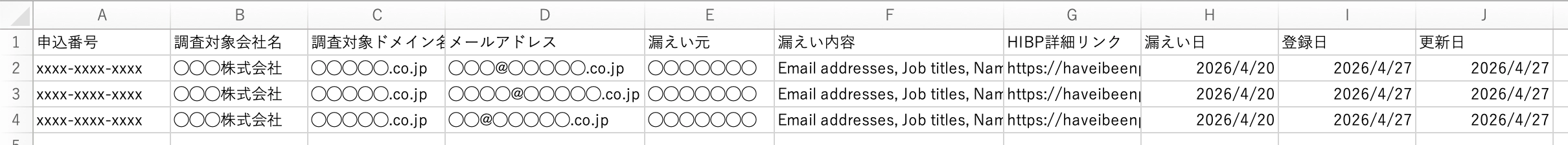 調査結果情報(csvファイル)の例